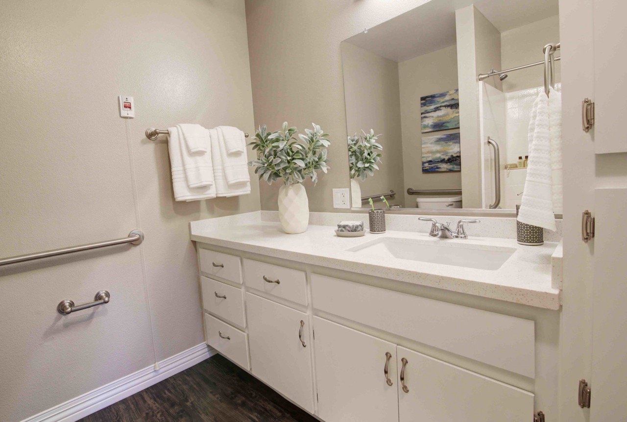 Bright, modern bathroom with accessible features