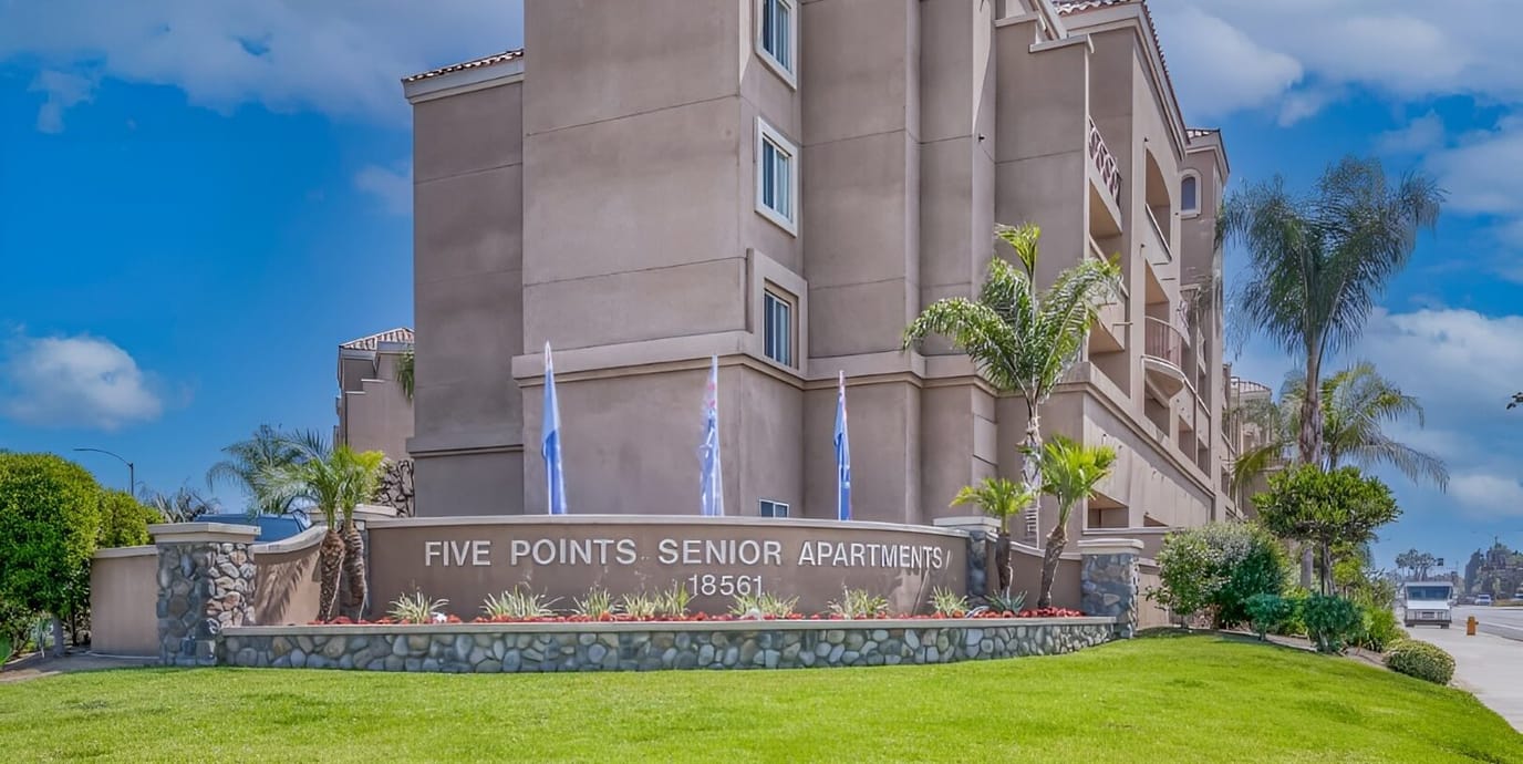 Exterior view of Five Points Senior Apartments building