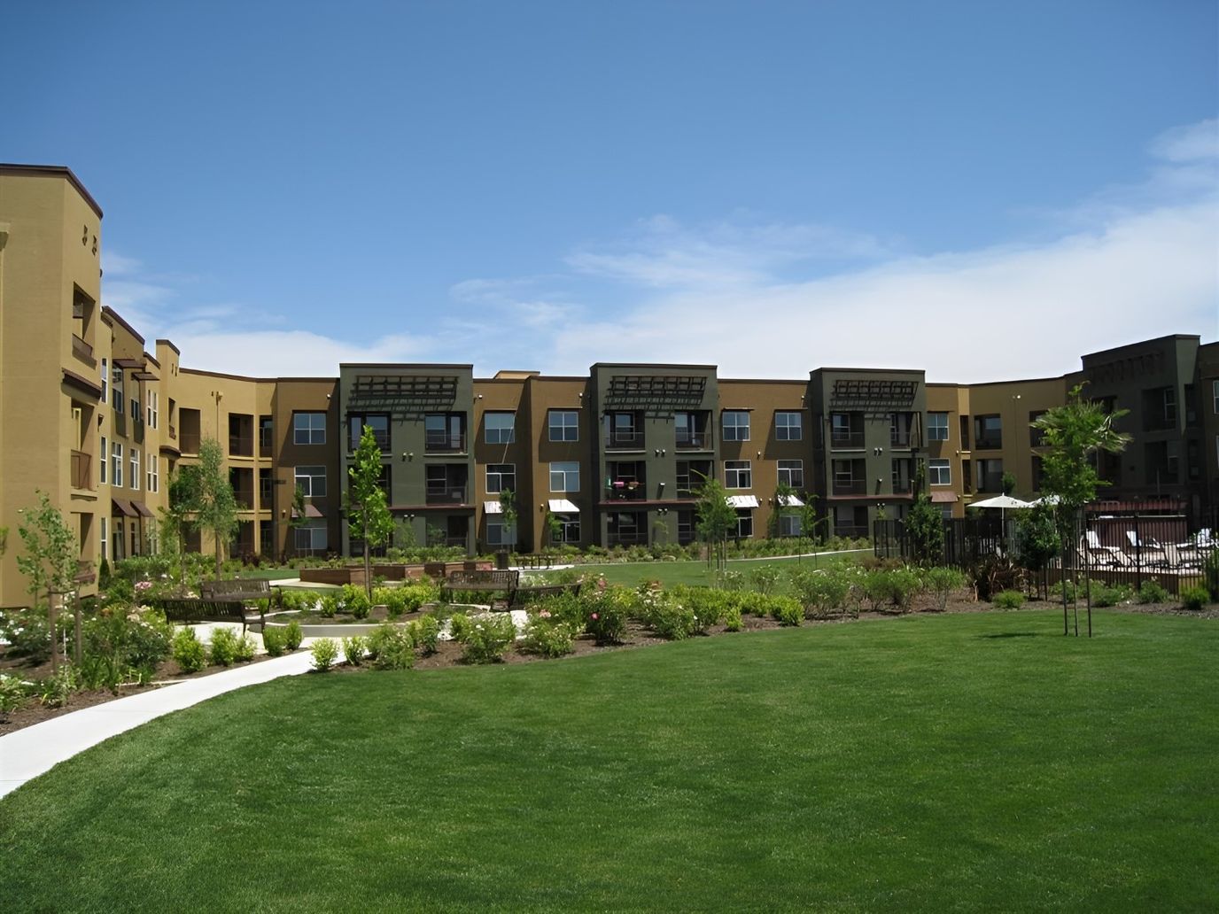 Building exterior with landscaped garden area