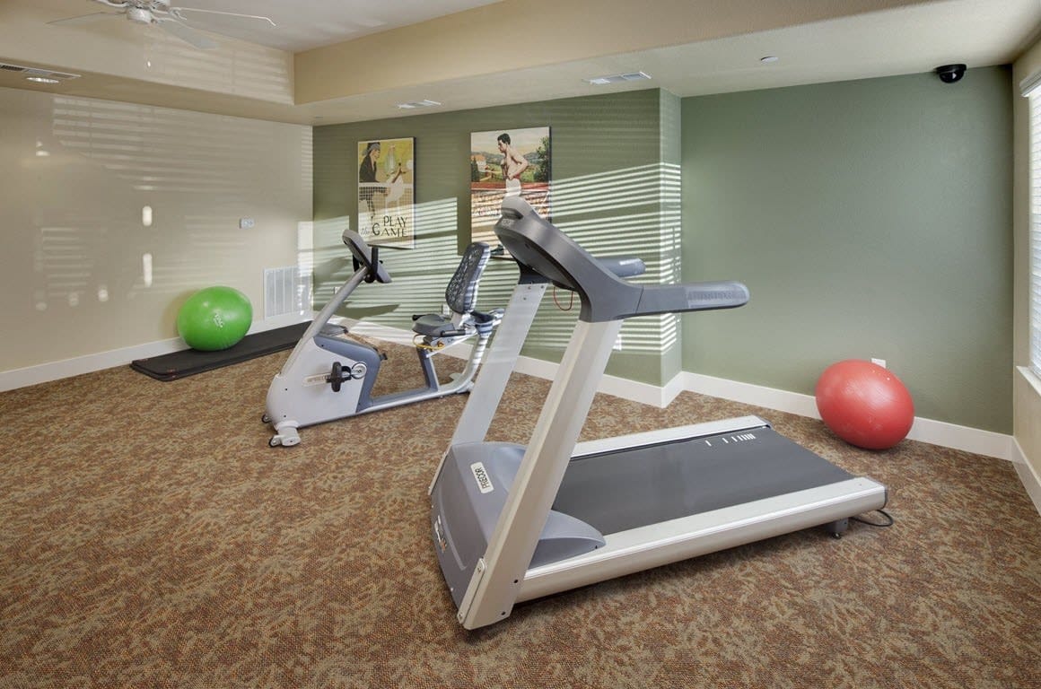 Fitness room with exercise equipment and balls