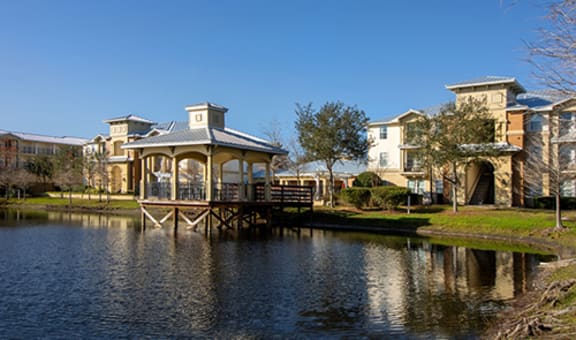Gazebo by a pond at Village Park Senior Apartments