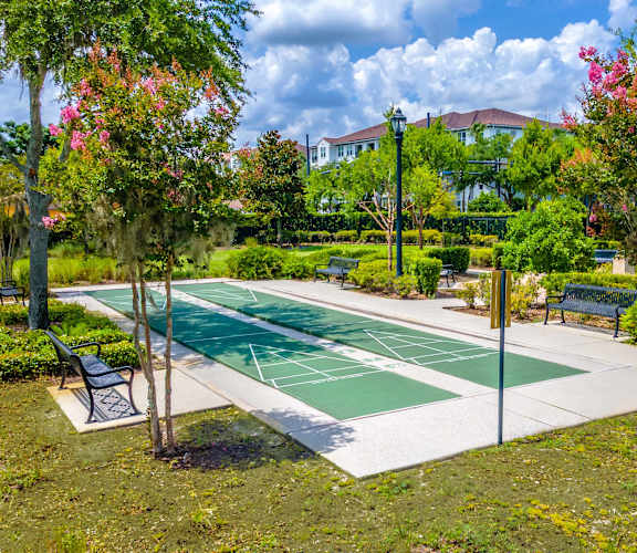 Outdoor shuffleboard court surrounded by gardens