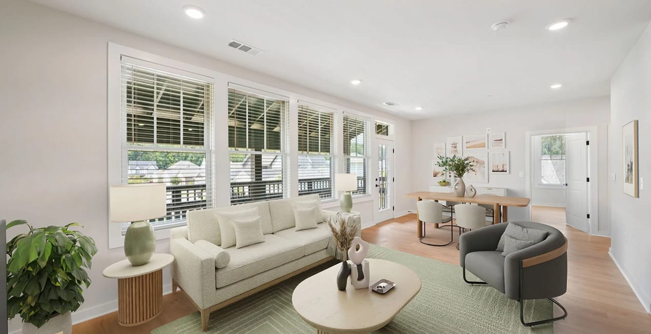 Bright and modern interior common area with seating