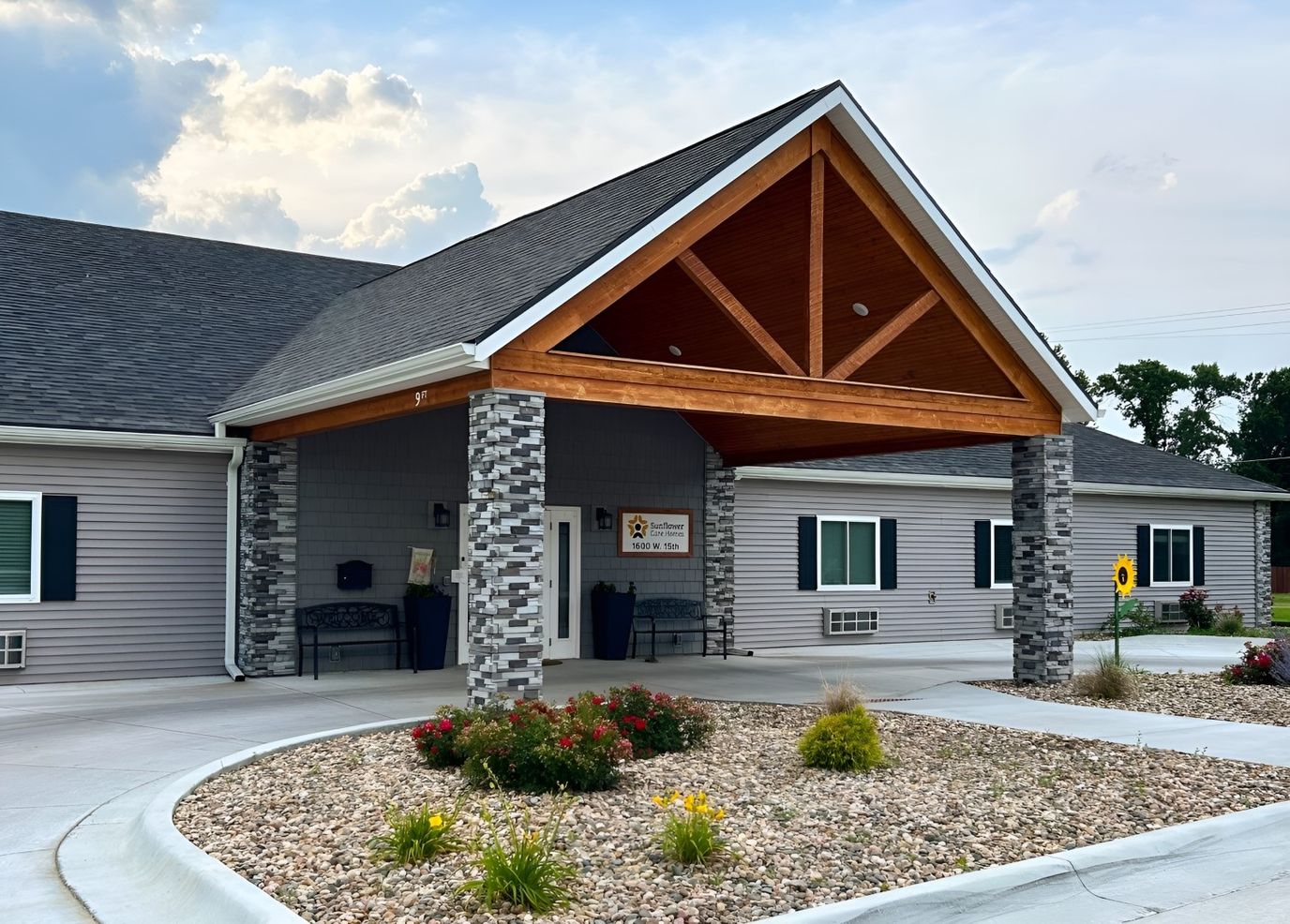 Exterior view of Sunflower Care Homes with entrance
