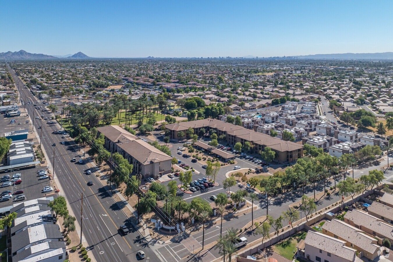 Aerial view of the assisted living facility and surrounding area