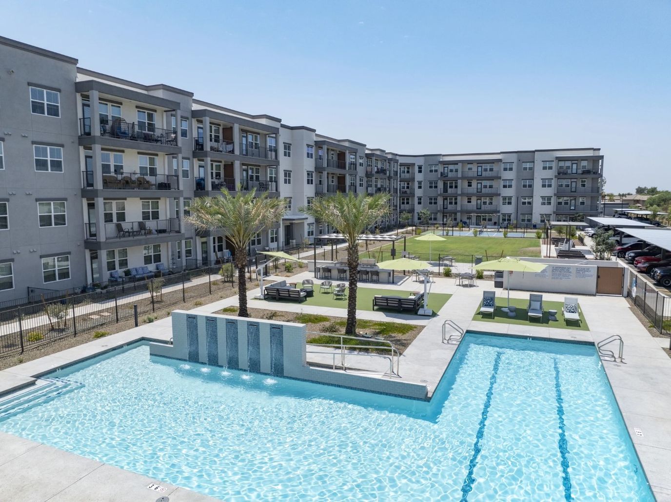 Aerial view of a pool area at a senior living facility