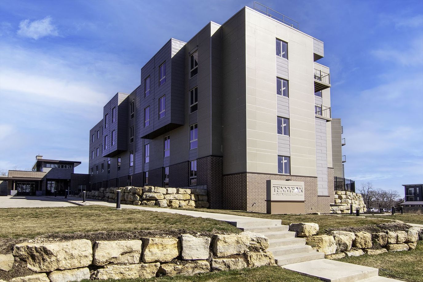 Exterior view of a modern assisted living facility
