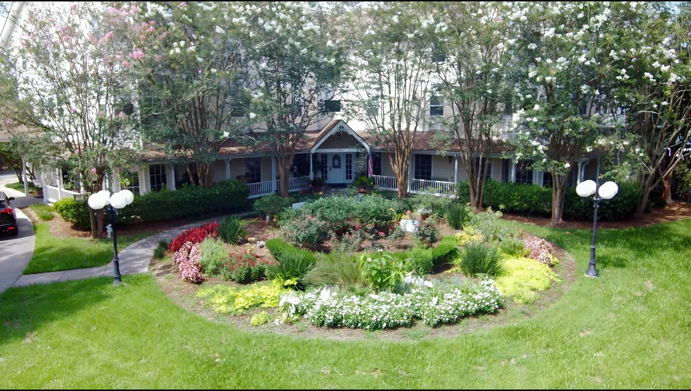 Aerial view of the beautifully landscaped garden in front of St. Francis Villa