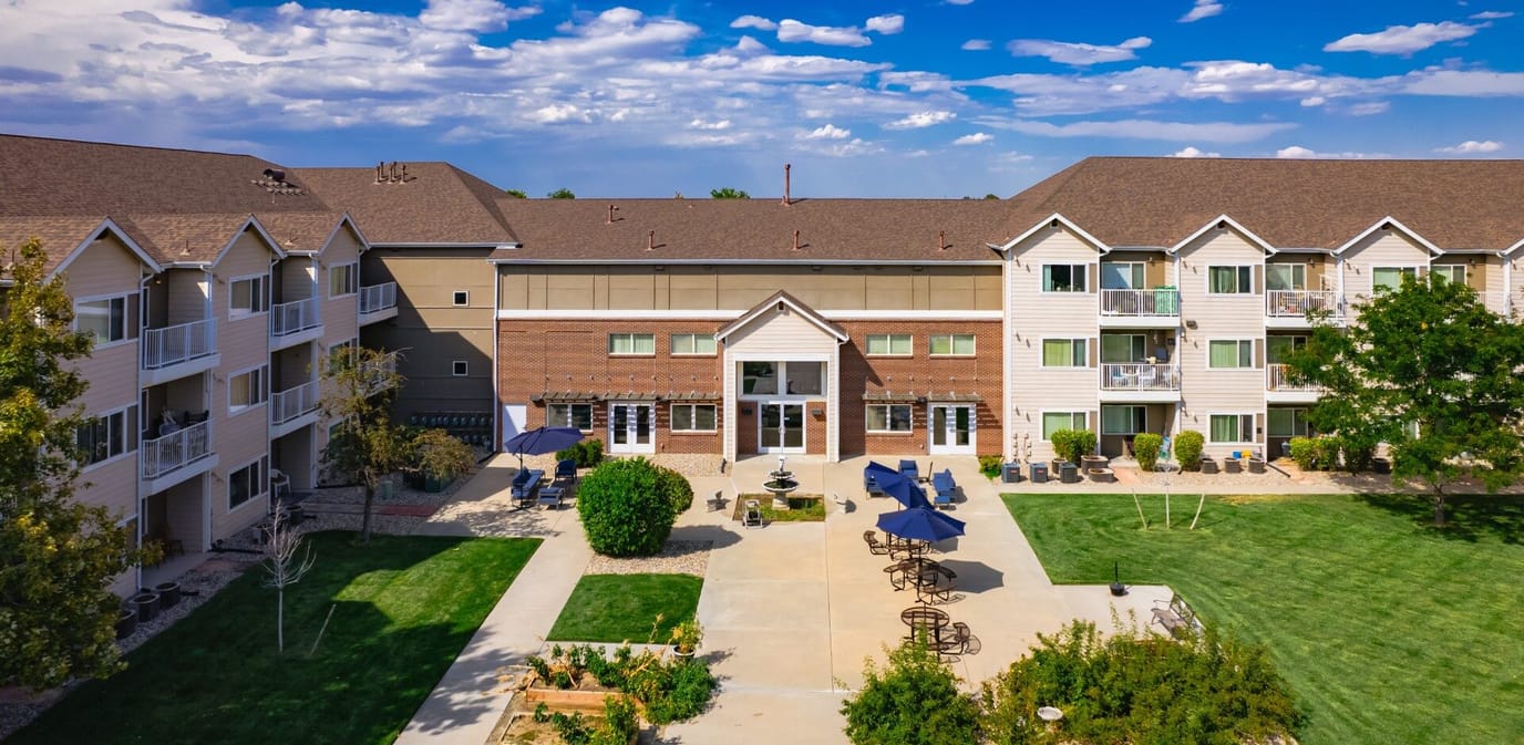 Aerial view of Conter Estates with outdoor seating area