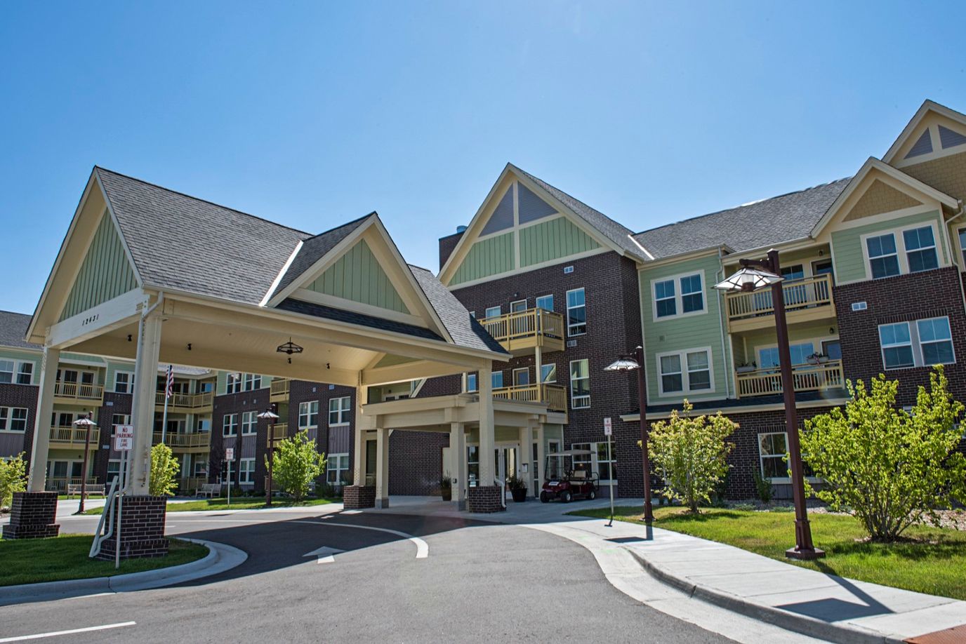 Exterior view of a senior living facility entrance