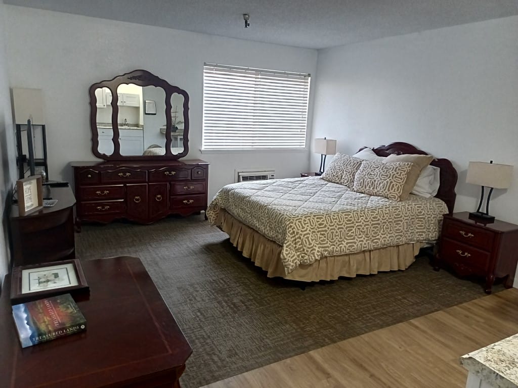 A well-furnished bedroom with a large bed, dresser, and natural light.
