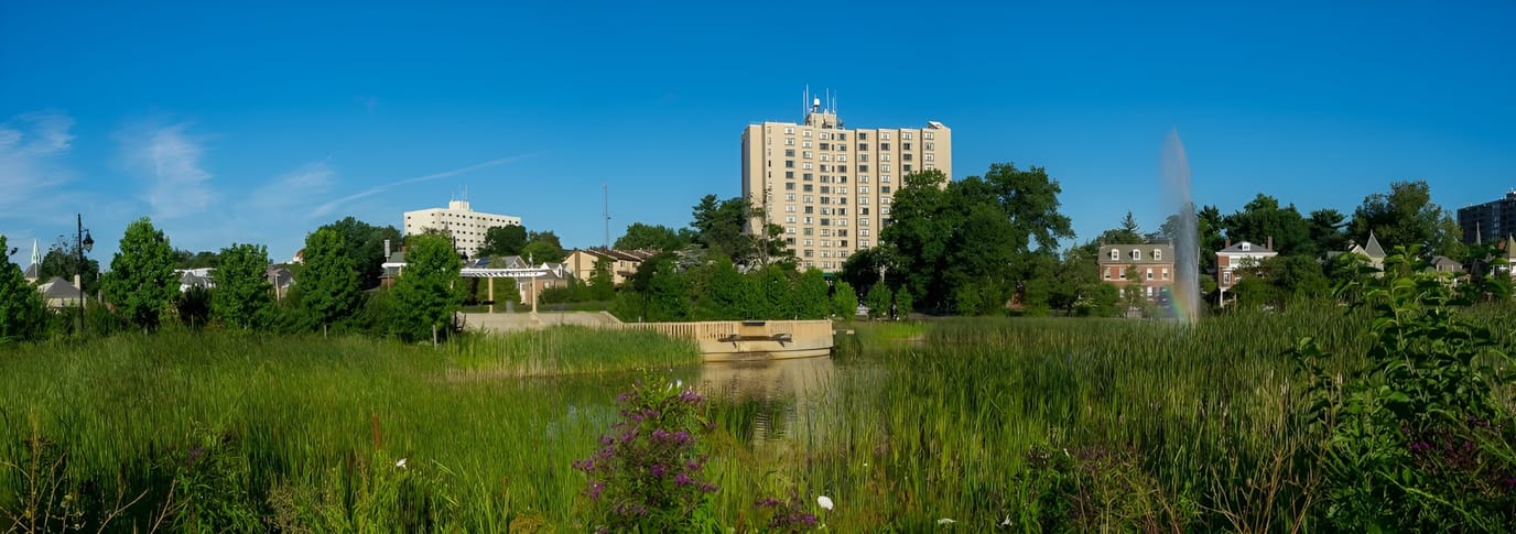 Panoramic view of the facility surrounded by greenery
