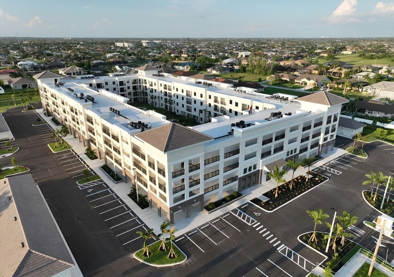 Aerial view of a modern assisted living facility