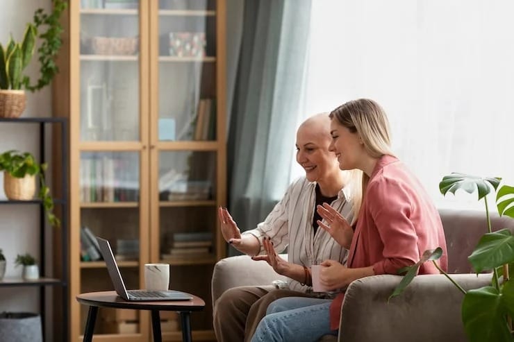 Two women video chatting in a cozy living room