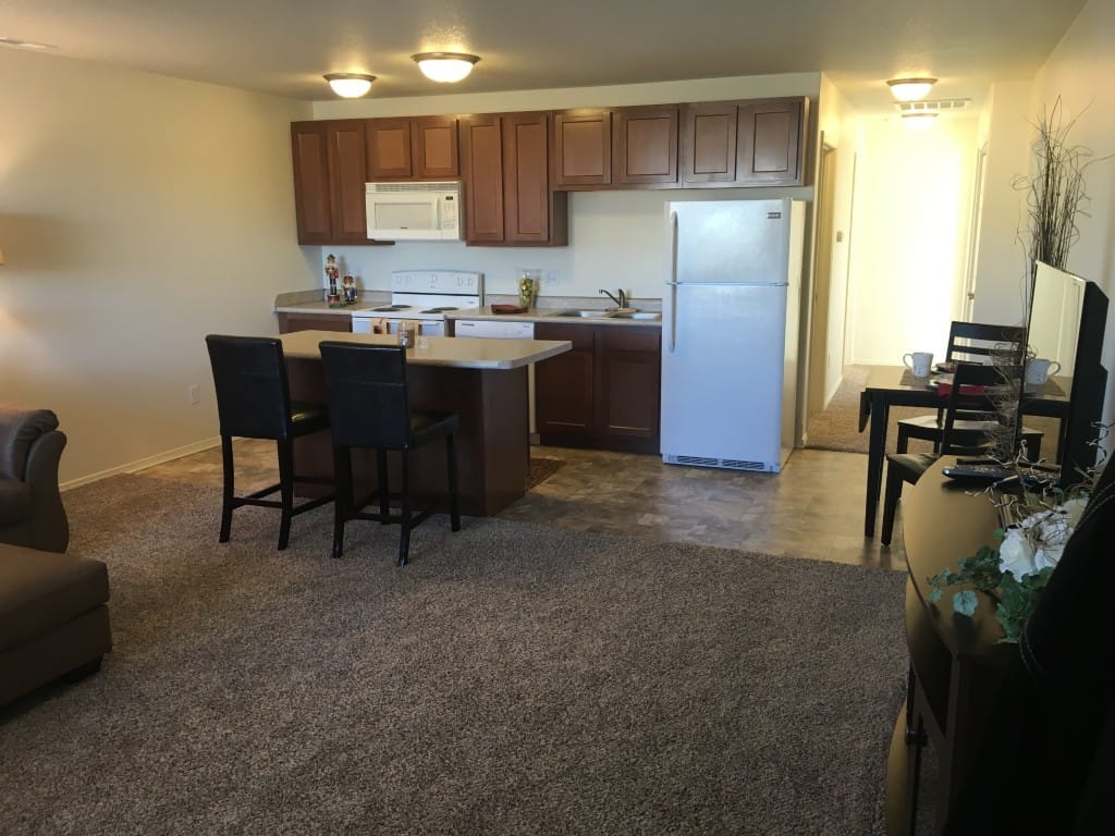 Spacious kitchen and living area in a senior apartment