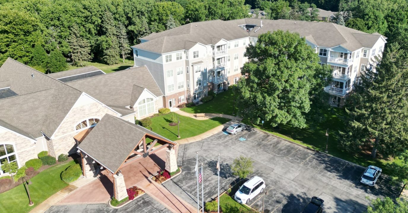 Aerial view of Andre Place exterior and parking area