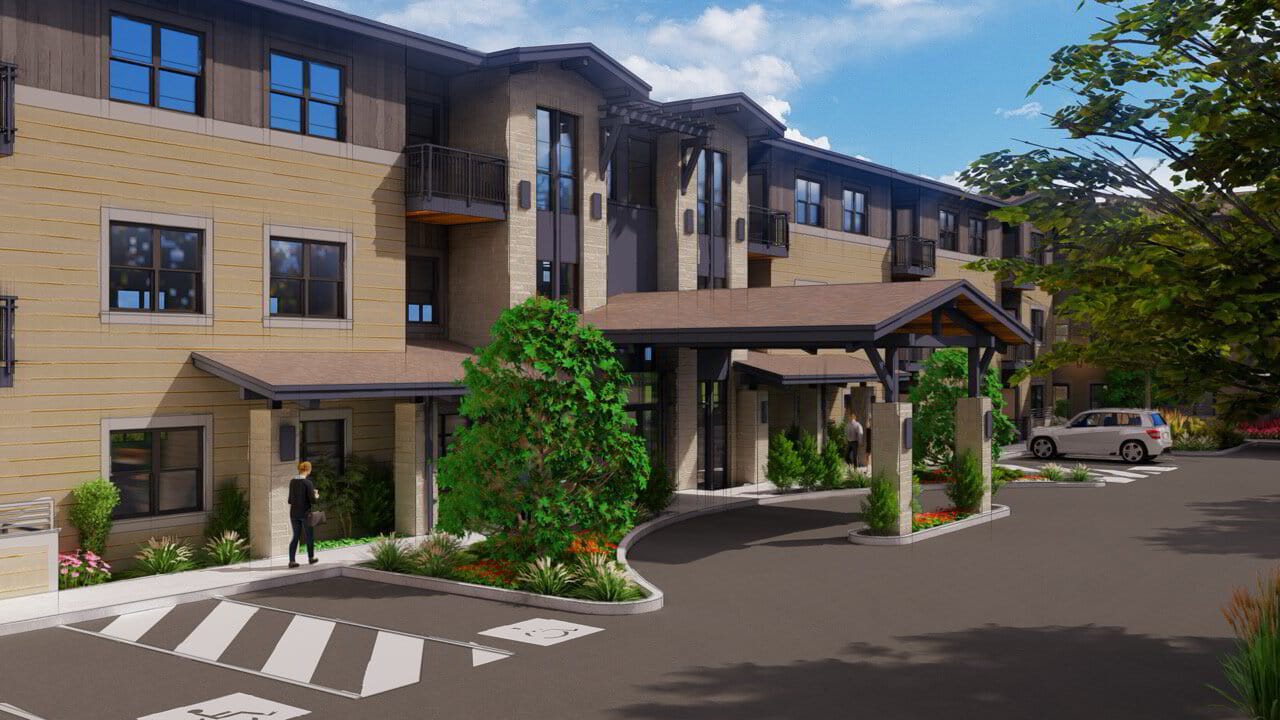 Exterior view of a senior living facility entrance