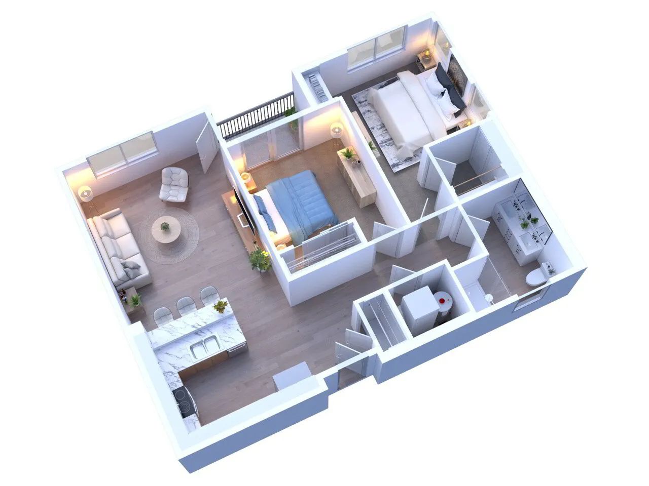 3D floor plan of a two-bedroom apartment