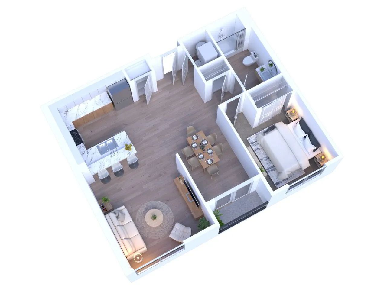 3D floor plan of a one-bedroom apartment