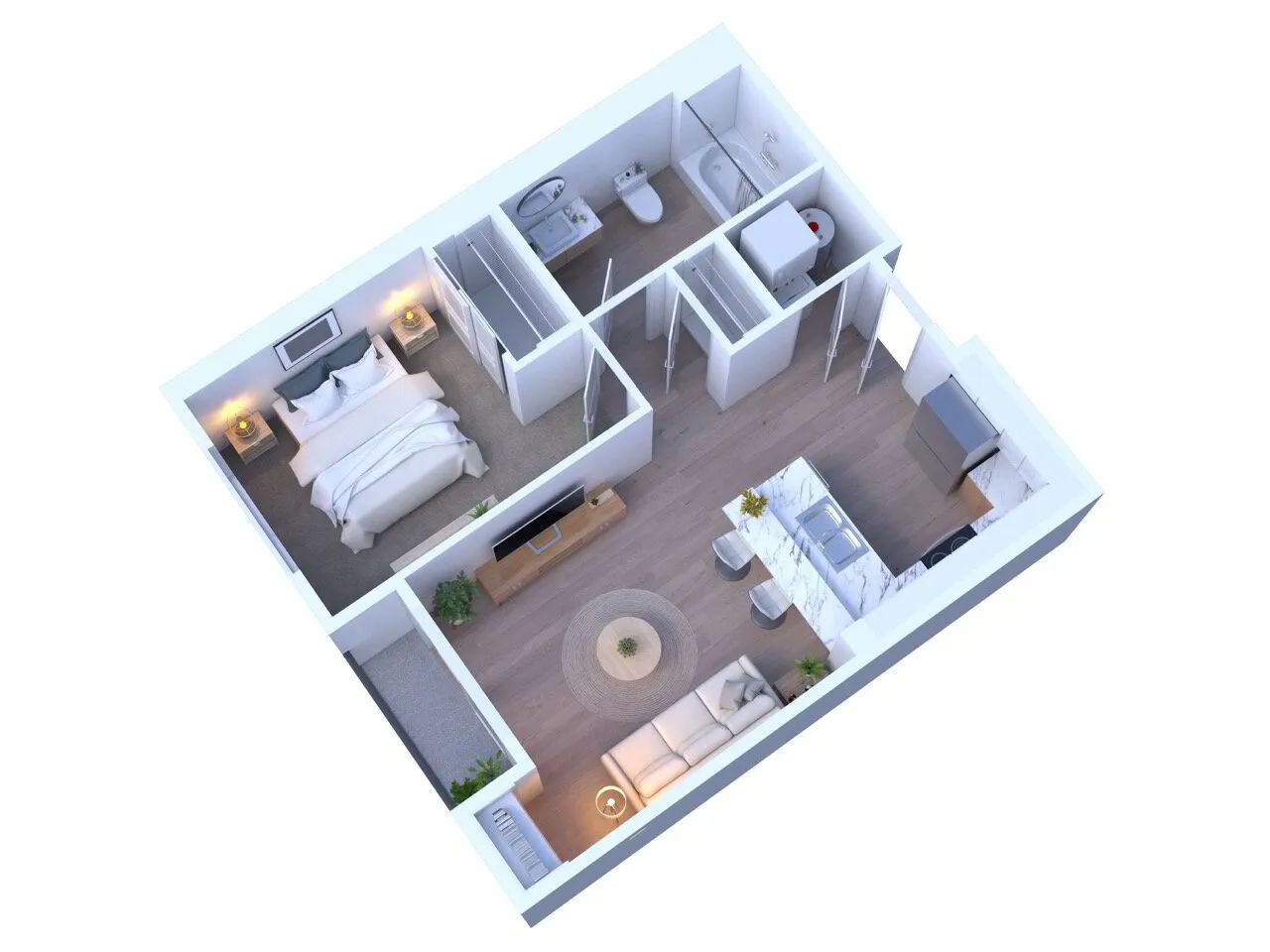 3D rendering of a one-bedroom apartment layout