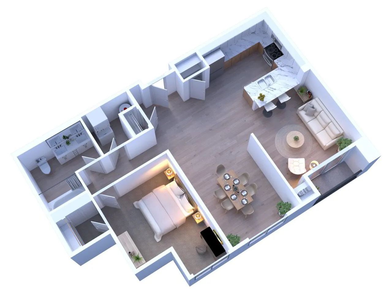 Aerial view of a modern apartment layout with living and dining areas