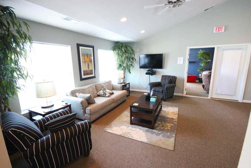 Bright and inviting common area with seating
