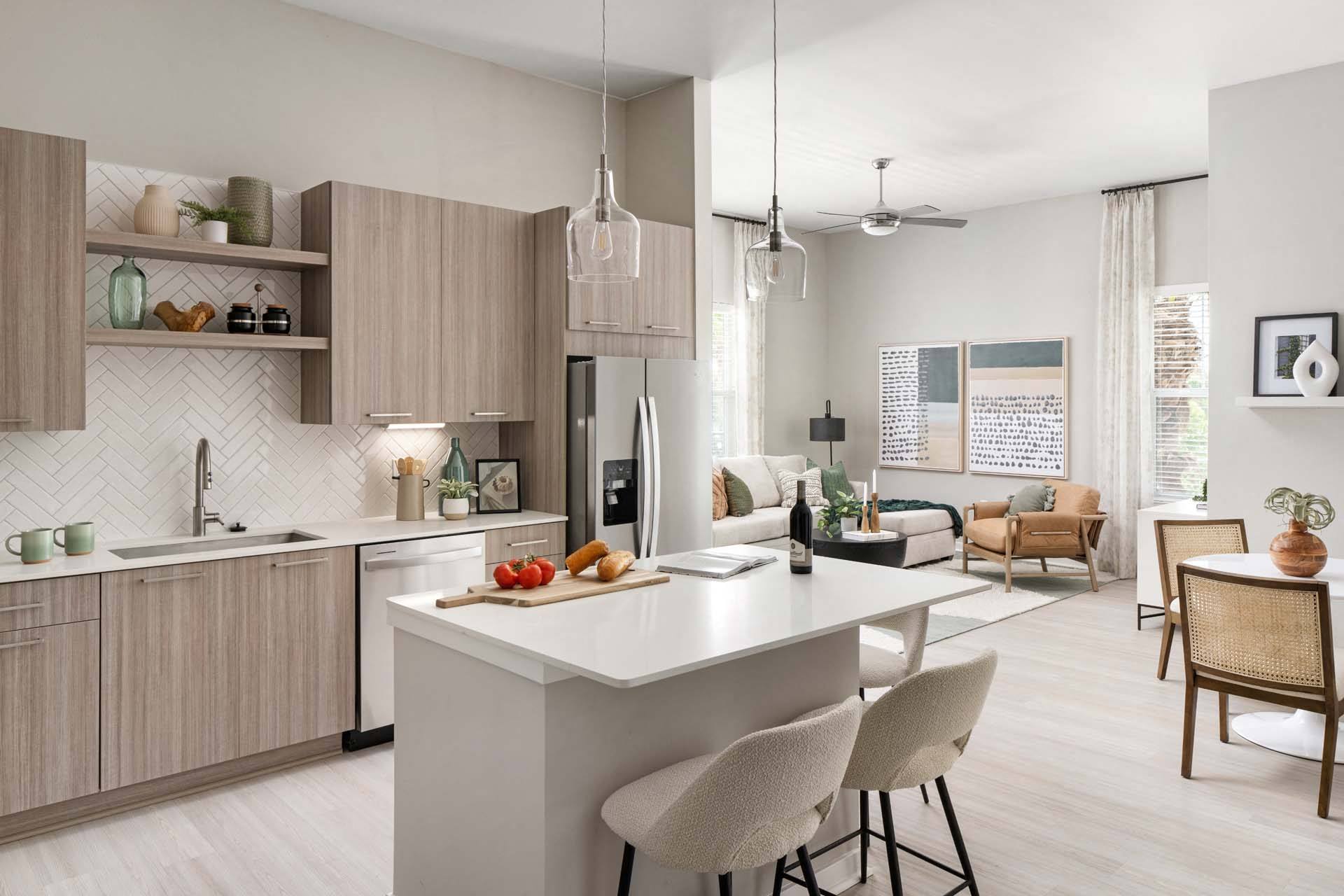 Modern interior apartment kitchen and living area