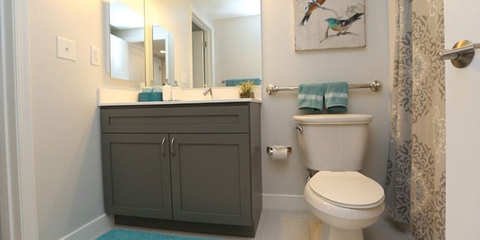 Private bathroom with modern fixtures and decor.