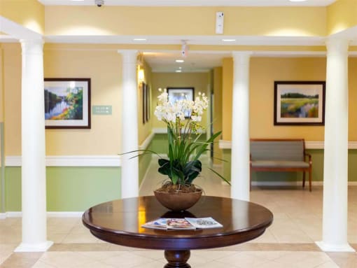 Welcoming interior space with a floral arrangement