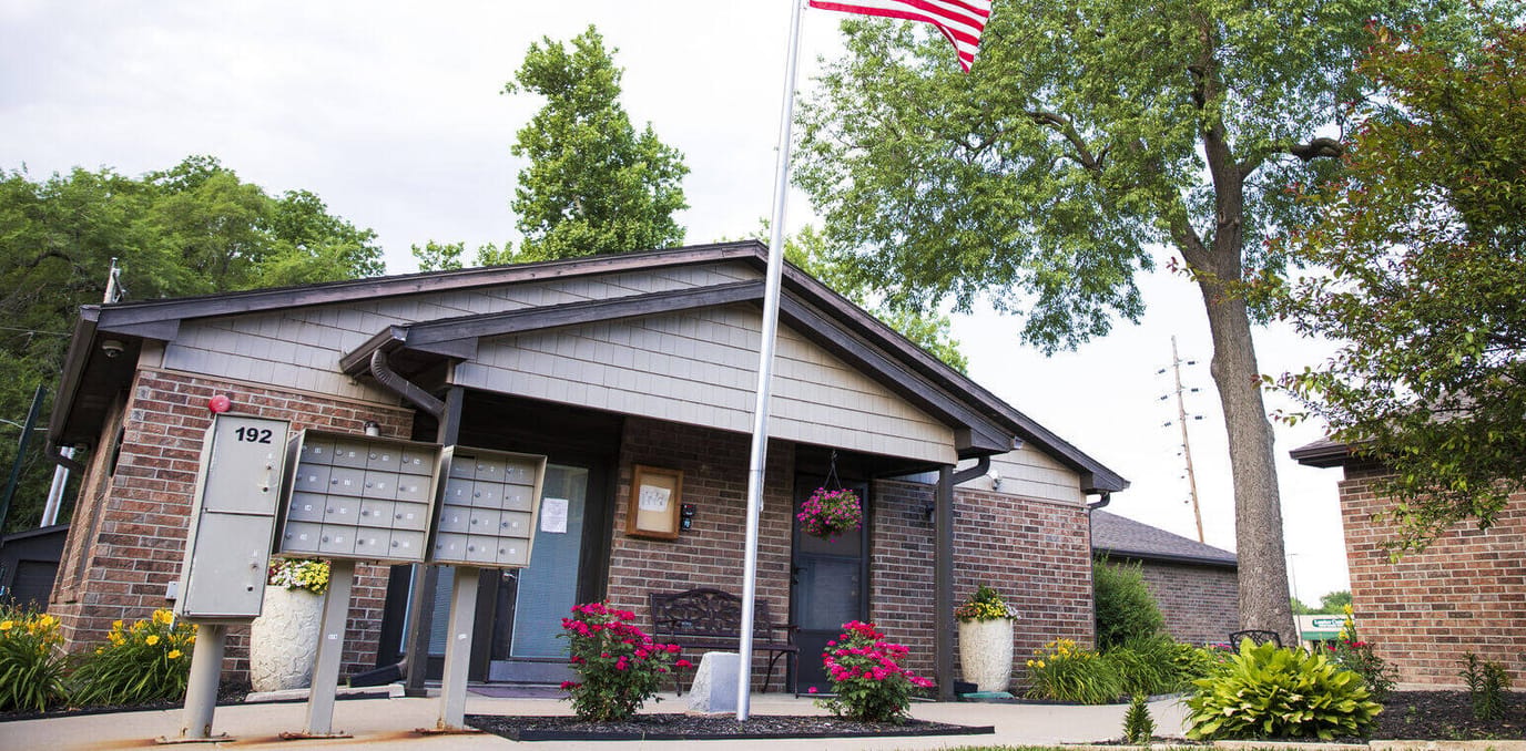 Exterior view of Shorey Villa with an American flag