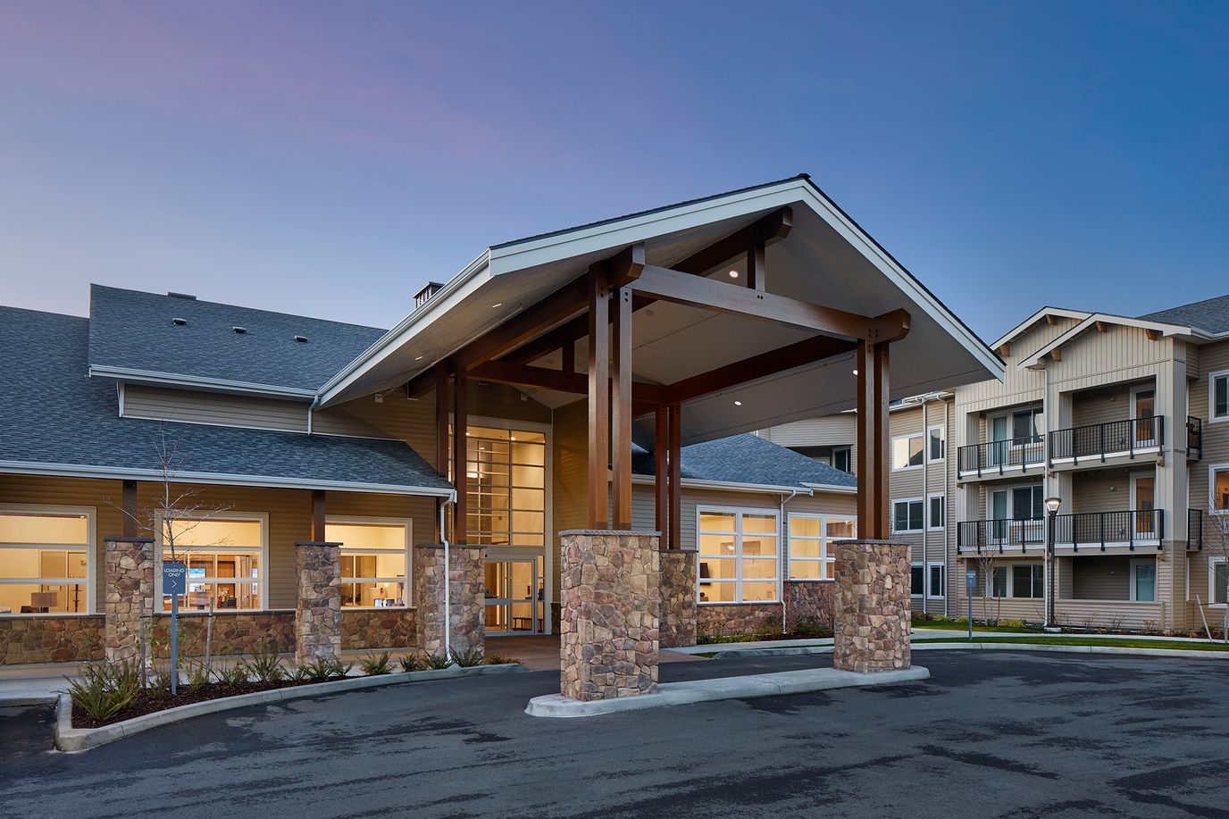 Exterior view of a senior living facility entrance