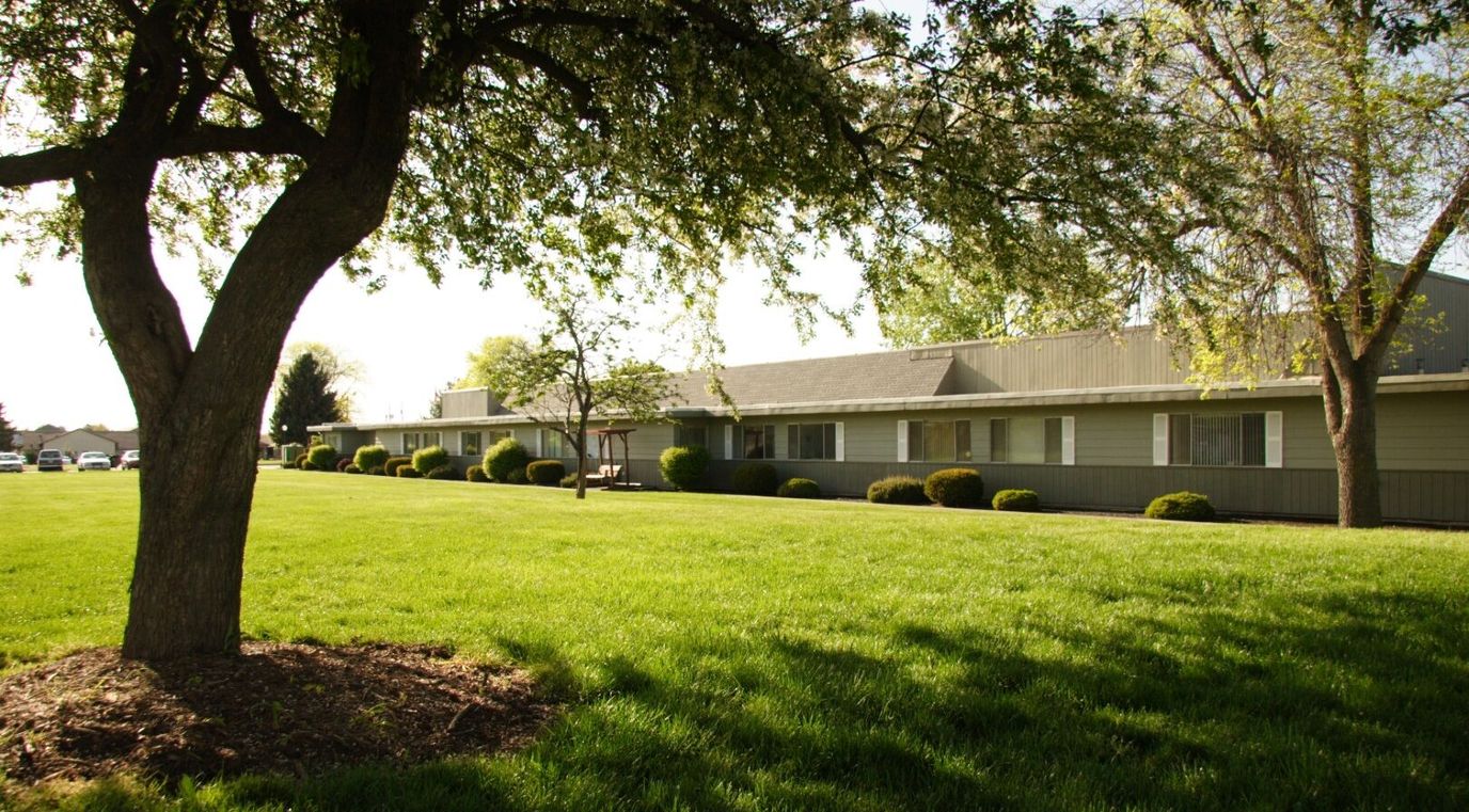 Green outdoor space with trees and building