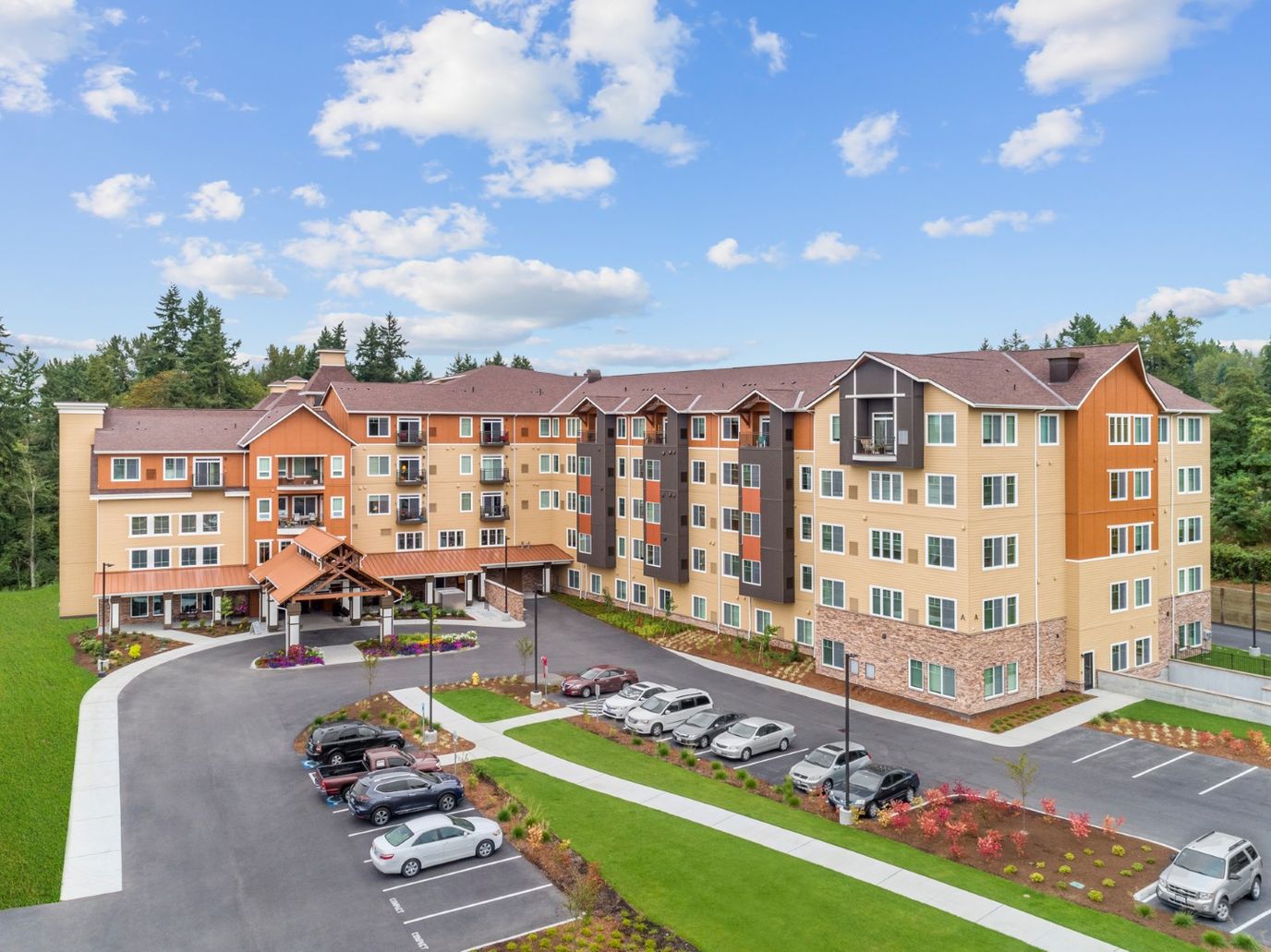 Aerial view of Wesley Bradley Park senior living facility exterior