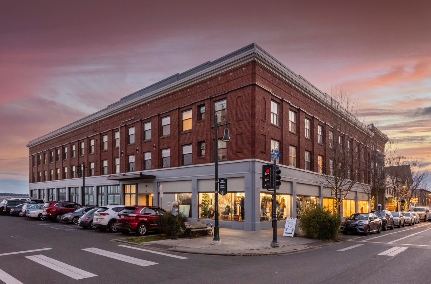Exterior view of Admiralty Apartments at dusk