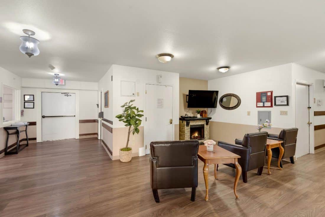 Bright common area with seating and decor