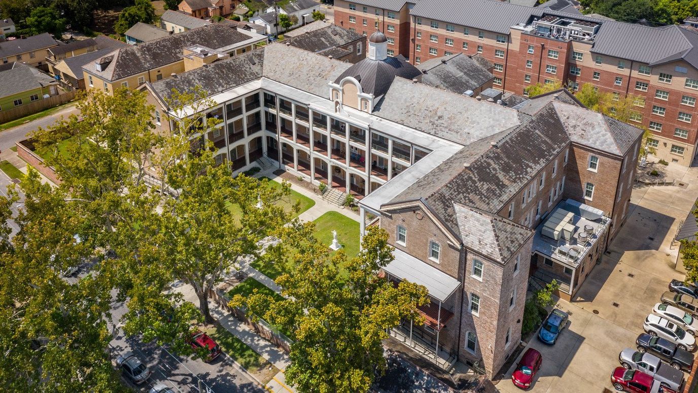 Aerial view of the assisted living facility with outdoor space