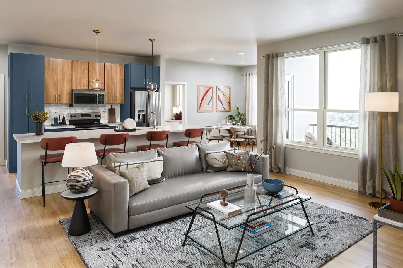 Modern living room with kitchen and dining area
