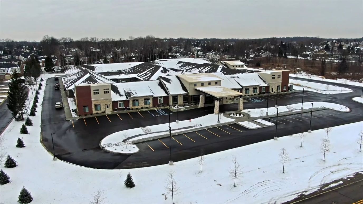 Aerial view of a nursing home under construction in winter