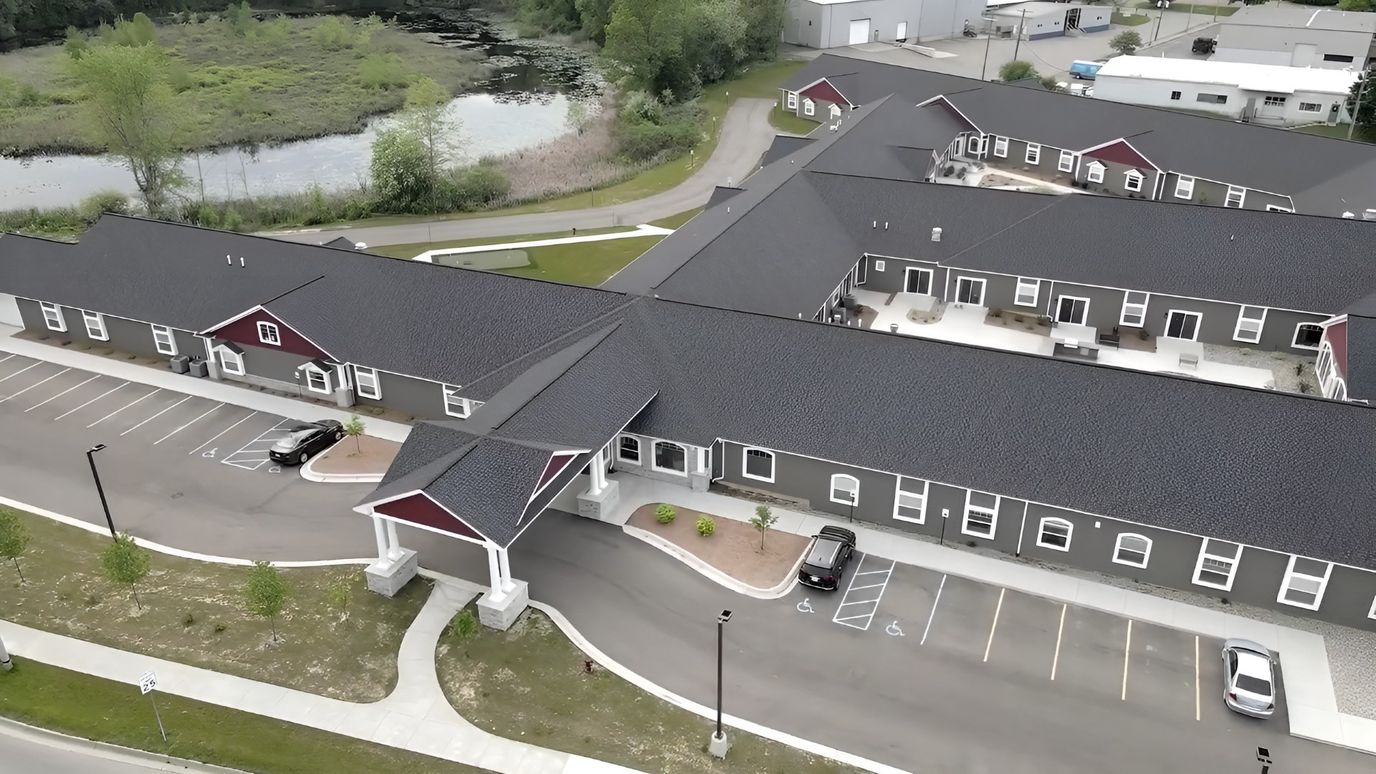 Aerial view of the Hampton Manor facility with surrounding landscaping
