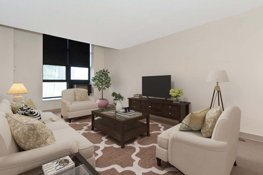 Bright and cozy common area with seating and decor