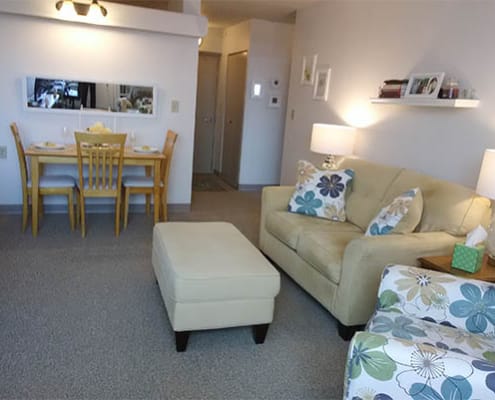 Cozy living area with dining setup and decor.