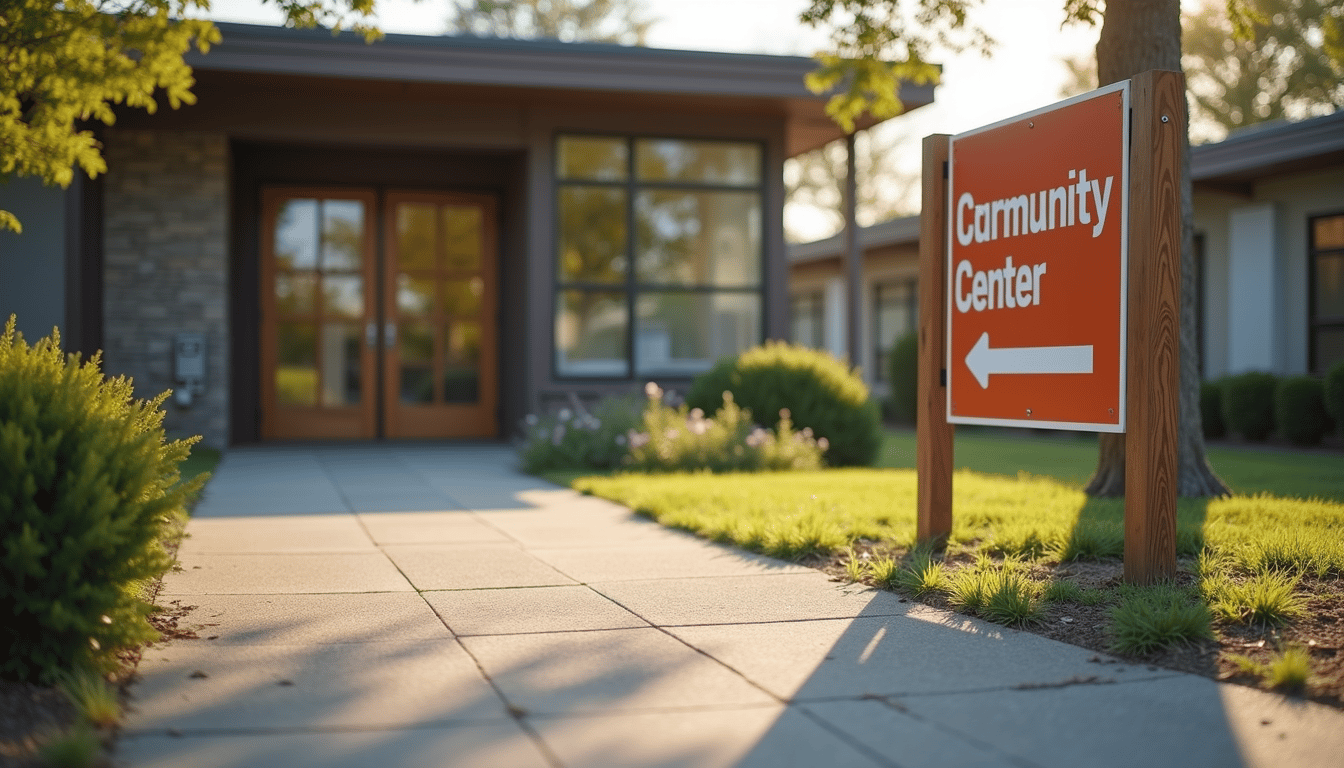 Exterior view of the community center with sign