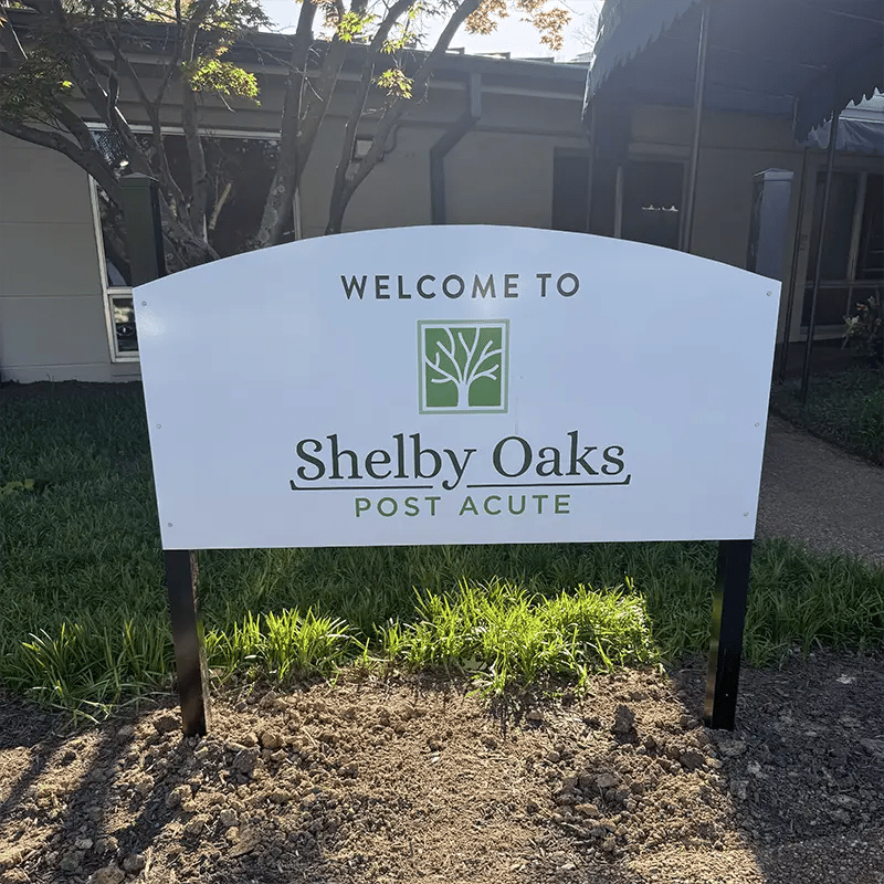 Welcome sign for Shelby Oaks Post Acute