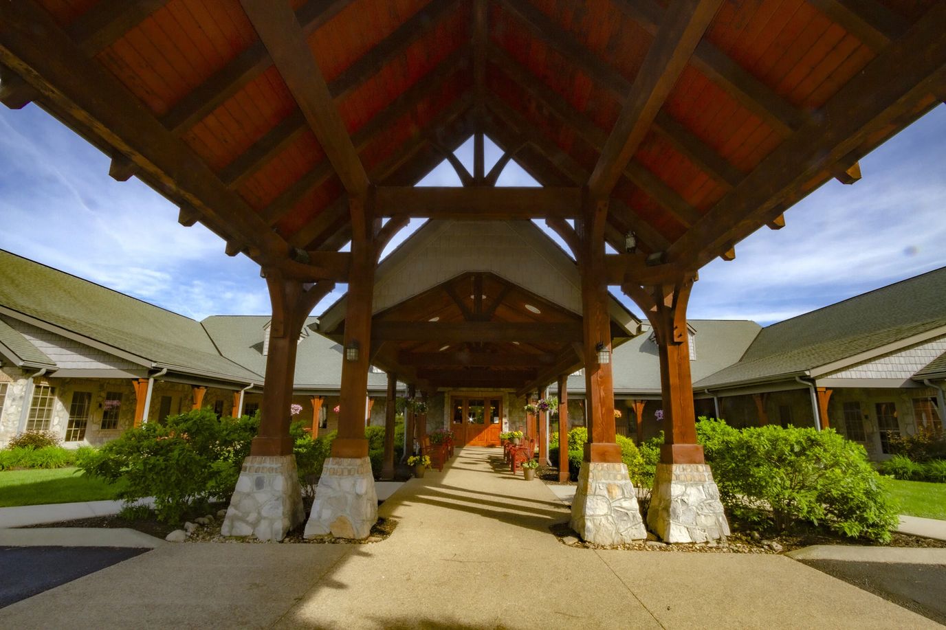 Entrance of Apple Ridge facility with wooden beams