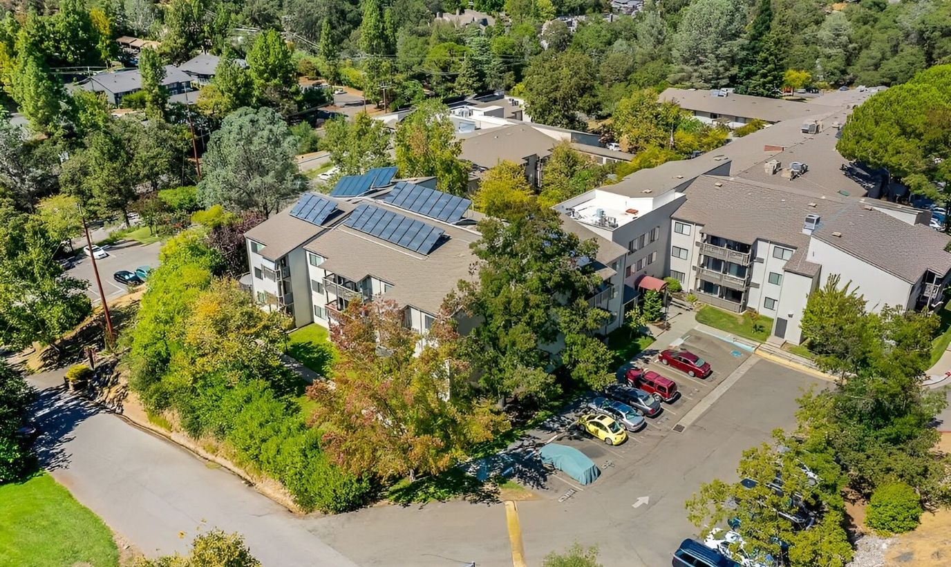Aerial view of Auburn Ravine Terrace with outdoor spaces and solar panels.