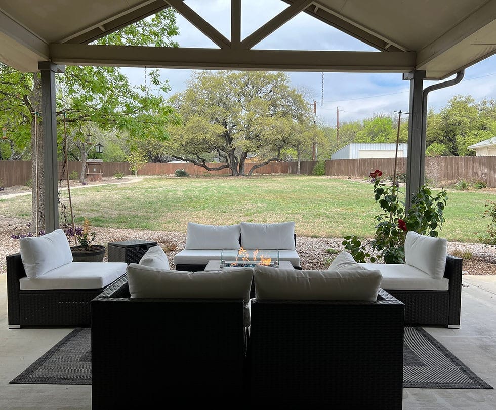 Outdoor seating area with a view of the lawn