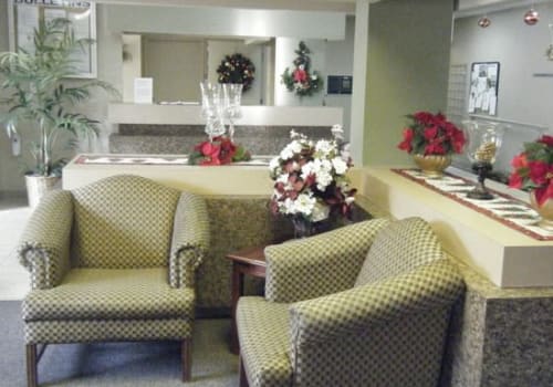 Cozy reception area with holiday decorations and seating.