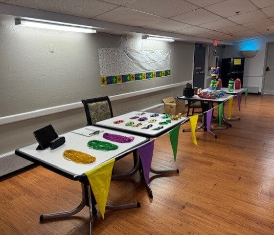 Decorated table for a community event with festive colors