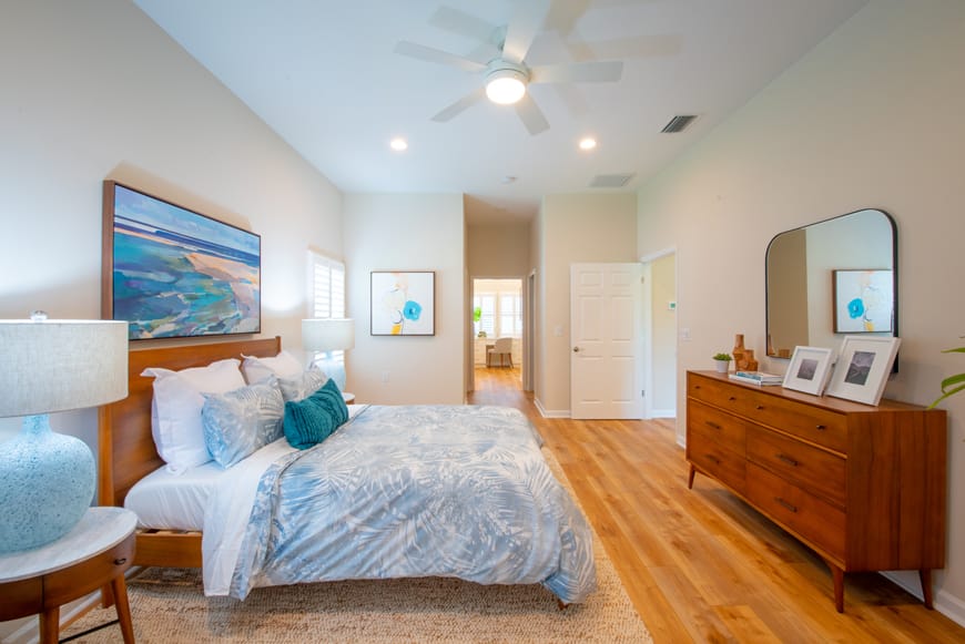 Bright and stylish bedroom in a senior living space