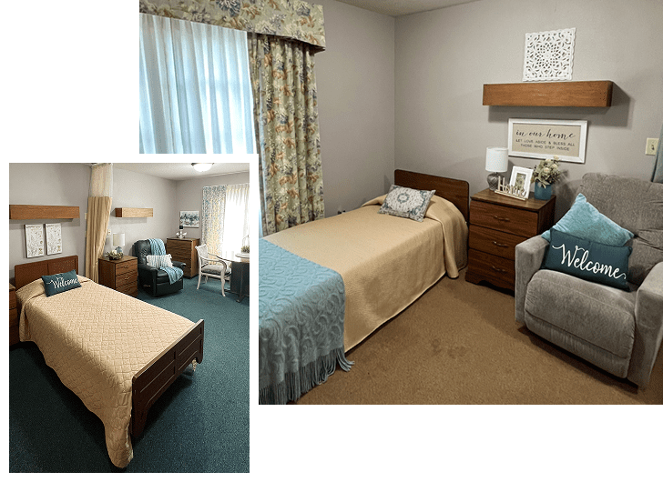 Comfortable resident room with twin beds and decor